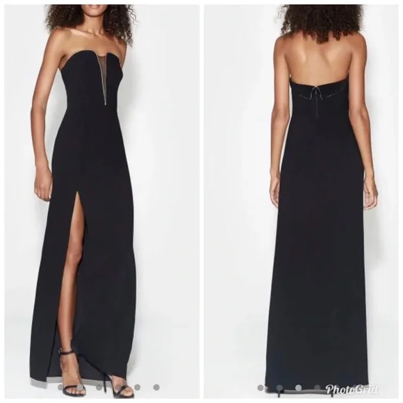 HALSTON HERITAGE Black + Silver Strapless Deep V Formal Maxi Gown Dress Size 6 - Picture 1 of 11